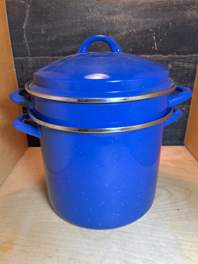 Marlboro Gear 6 quart 3-piece stock pot with strainer and lid, featuring a durable blue speckled enamelware finish, ideal for versatile cooking.