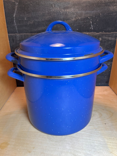 Marlboro Gear 6 quart 3-piece stock pot with strainer and lid, featuring a durable blue speckled enamelware finish, ideal for versatile cooking.