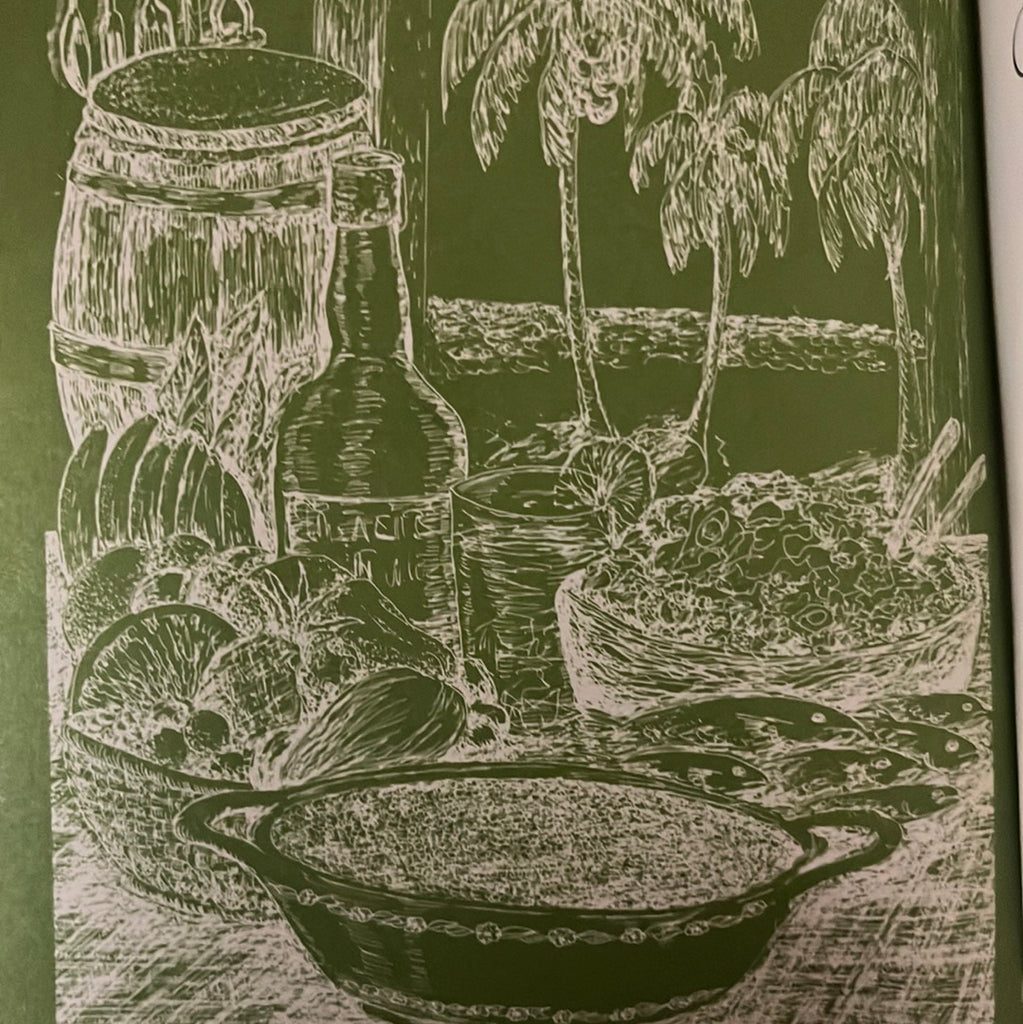 Caribbean Cooking & Menus: Green and white drawing of food, wine, and a barrel in front of palm trees. From Spoons Kitchen Exchange.