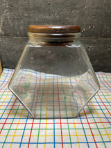 Hexagonal food storage containers - clear glass with wood lid - vintage Libbey