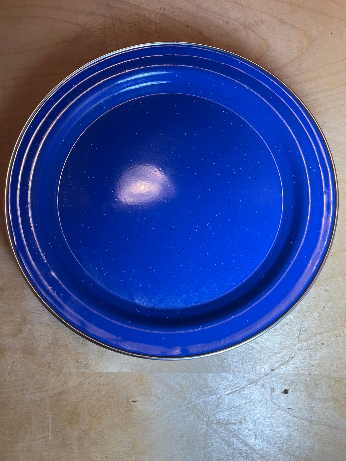 Set of 4 blue speckled enamelware plates with concentric ridges, shown on a light wood surface, ideal for outdoor and everyday use.