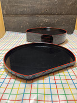 Set of 5 half moon sushi plates - black plastic with red rims