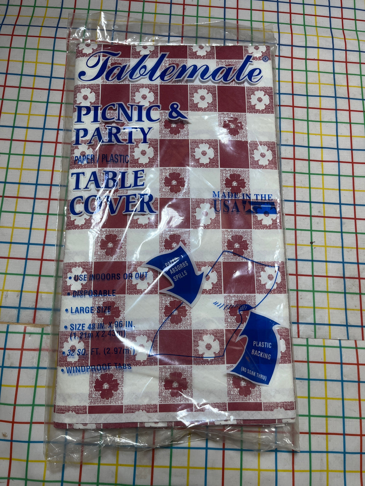 Red and white disposable table cover - paper and plastic - vintage Tablemate