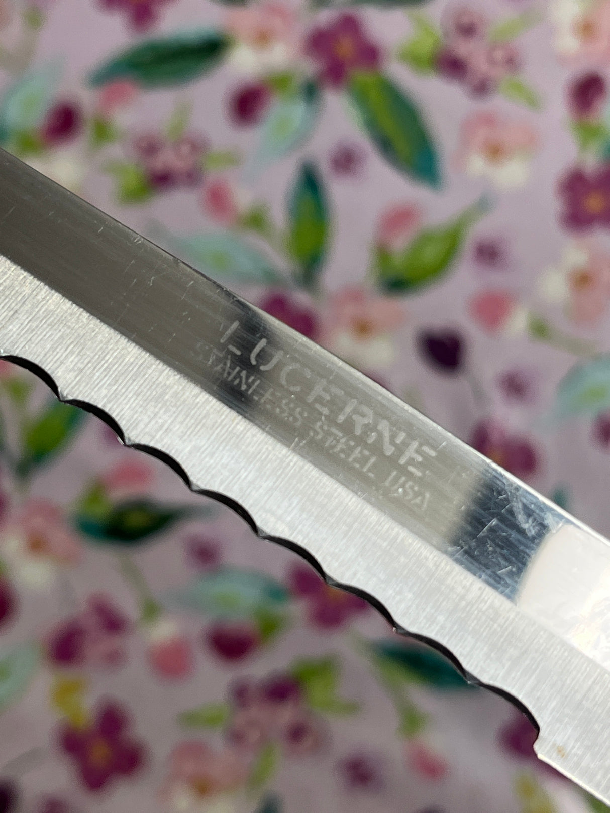 9" serrated bread knife - stainless steel with black bakelite handle - vintage Lucerne