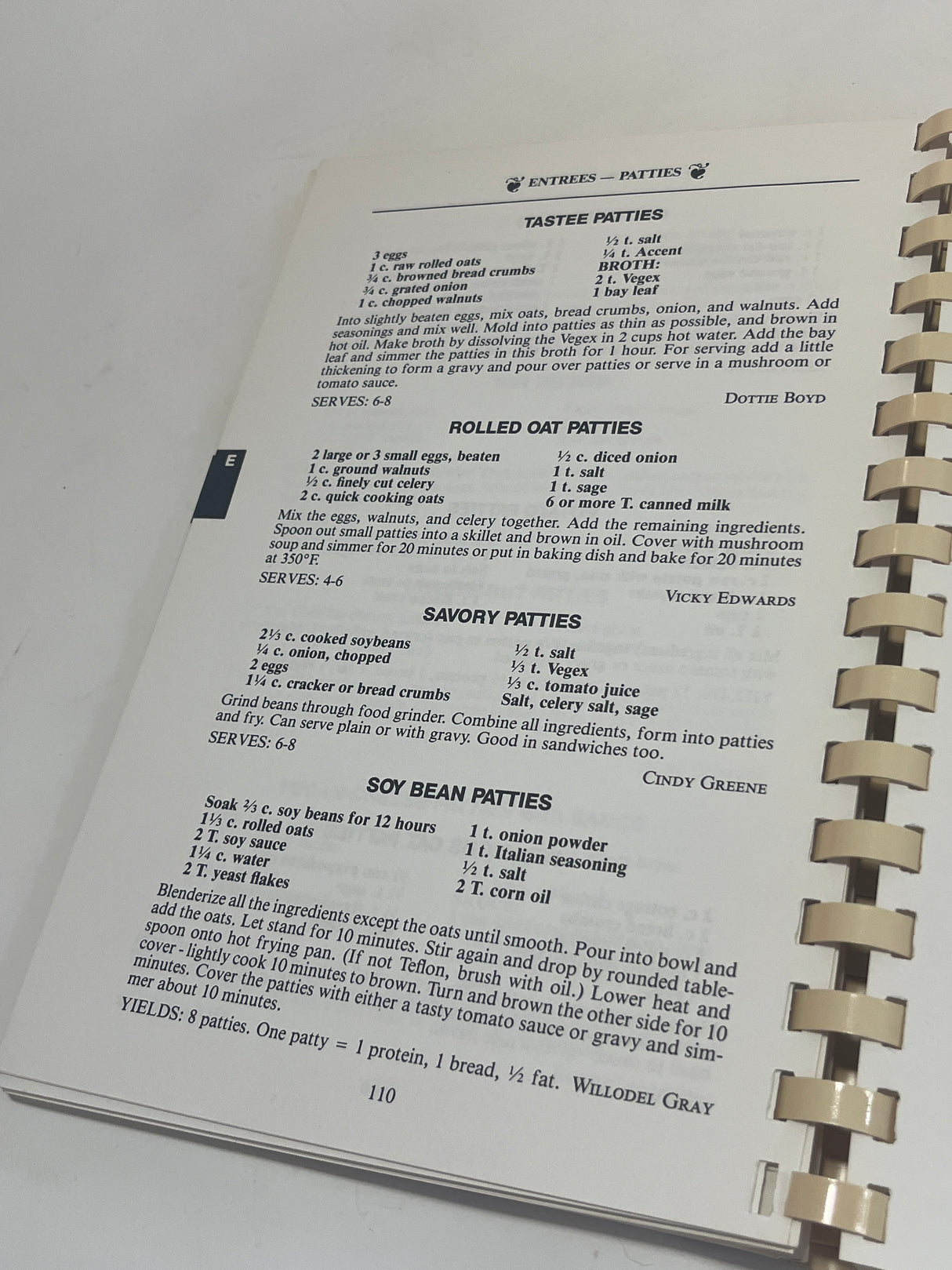 RARE An Apple A Day Volume Two – Vegetarian Cookery open to ENTREES — PATTIES chapter featuring plant-based patty recipes with ingredients and instructions.