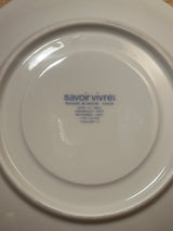 Octagonal salad plate underside showing Savoir Vivre Maison Blanche Y0008 branding, highlighting oven-to-table, dishwasher-safe, microwave-safe fine china, manufactured in Thailand.