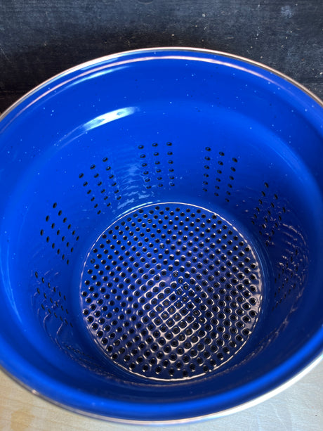Marlboro Gear 6 quart 3-piece stock pot with blue speckled enamelware, featuring a perforated strainer insert inside a larger pot, ideal for cooking pasta.
