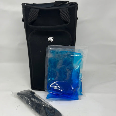 Neoprene two-bottle bag with zipper, detachable strap, and gel packs, displayed with a black shirt and a sock.