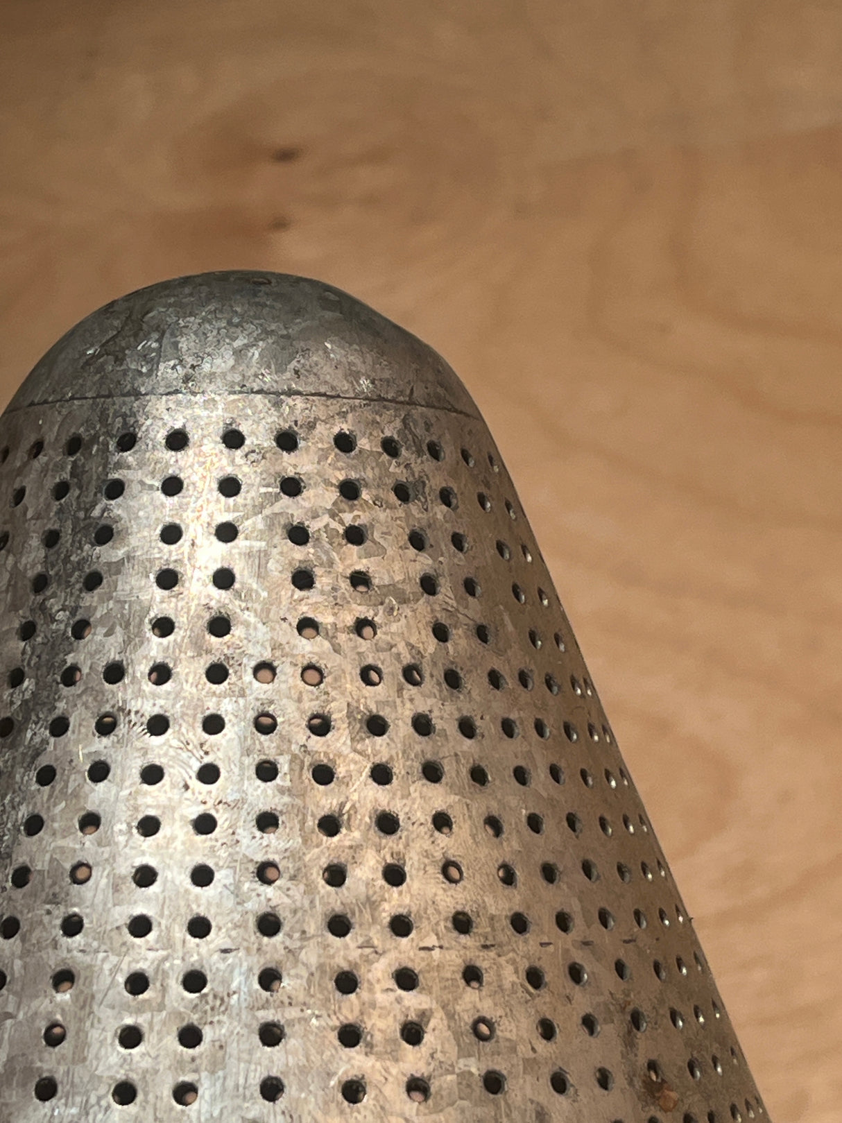 Cone sieve strainer - stainless steel vintage, featuring a conical, perforated design, ideal for canning and preserving food, offering durability with its heavier build than aluminum models.