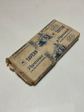 Tavern paraffin Parowax block from the 1960s, wrapped with some frays and small tears, ideal for sealing canning jars.