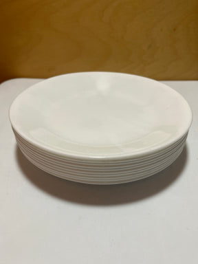 Set of 10 Corelle Winter Frost 6.5” plates, thin and lightweight ceramic, ideal for bread, salad, or dessert, in excellent condition without chips or scratches.