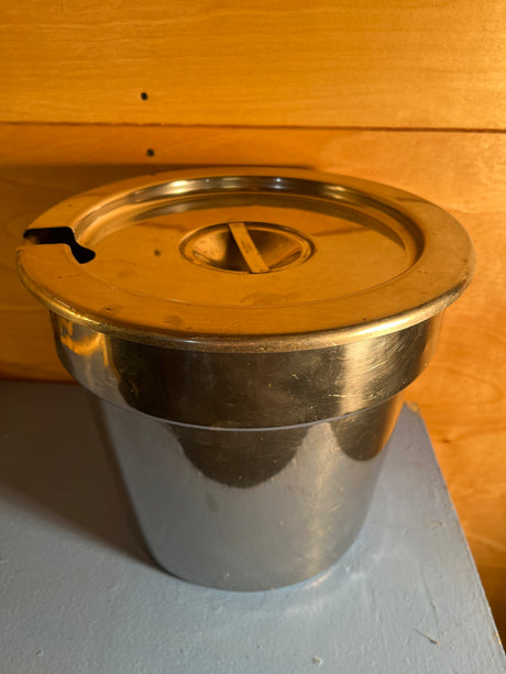 Soup chafing dish insert, vintage Vollrath 18-8 stainless steel, 8.5 quart, features a snug lid with a notch for ladle placement, ideal for kitchen or buffet use.
