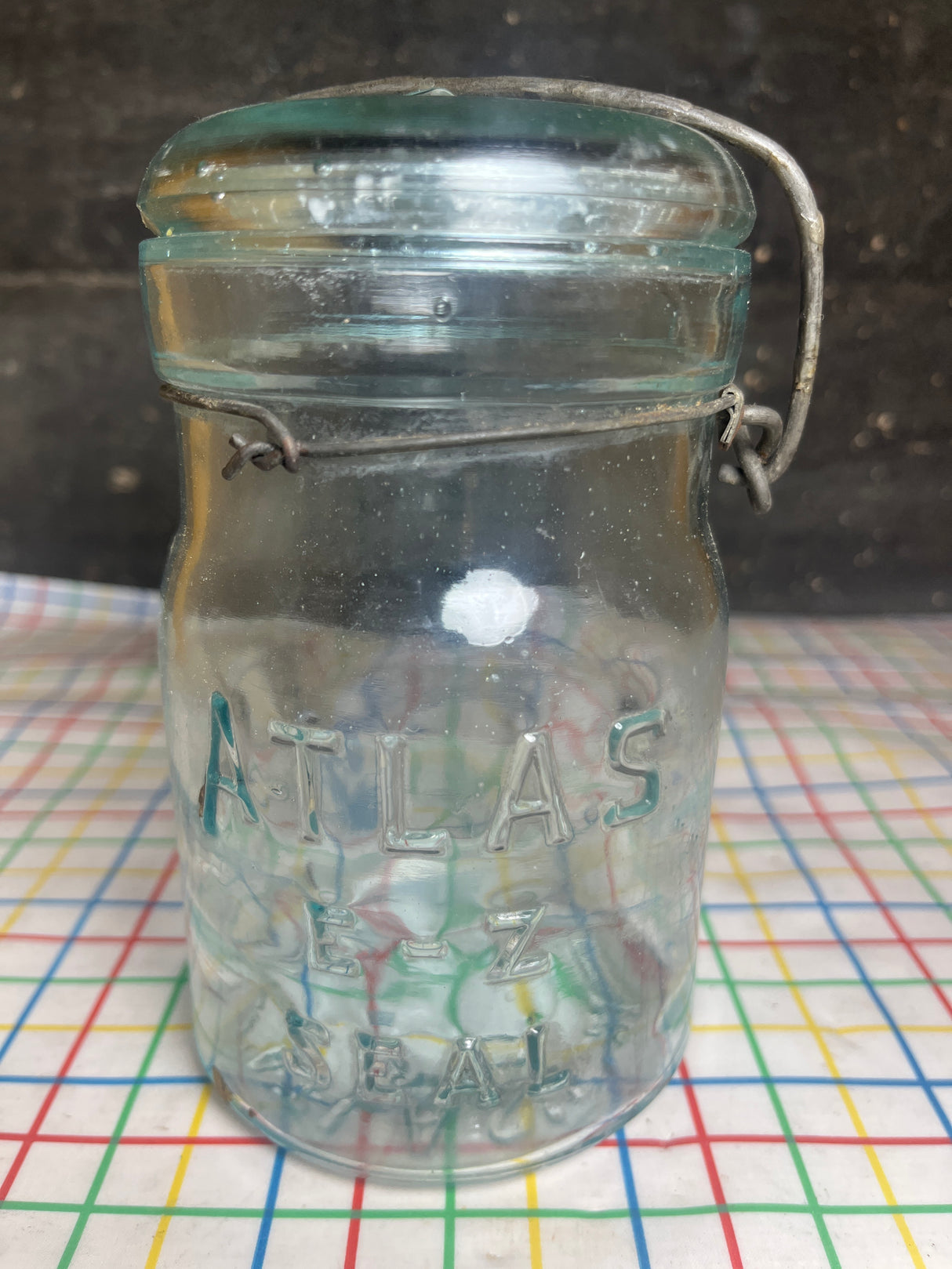 Mason canning jar with lid - blue glass with with wire - antique Atlas E-Z Seal