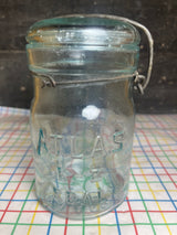 Mason canning jar with lid - blue glass with with wire - antique Atlas E-Z Seal