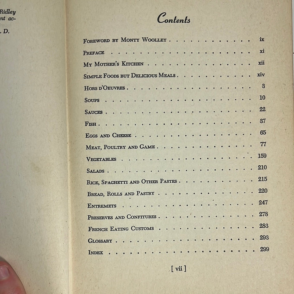 Table of contents page for Louis Diat's Home Cookbook: French Cooking for Americans - A book with recipes capturing the spirit of French home cuisine. From Spoons Kitchen Exchange.