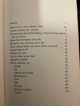 Trader Vic’s Bartender’s Guide (Revised 1972) contents page, detailing chapters on bartending topics, spirits, and cocktail recipes. Book in good condition with corner wear.