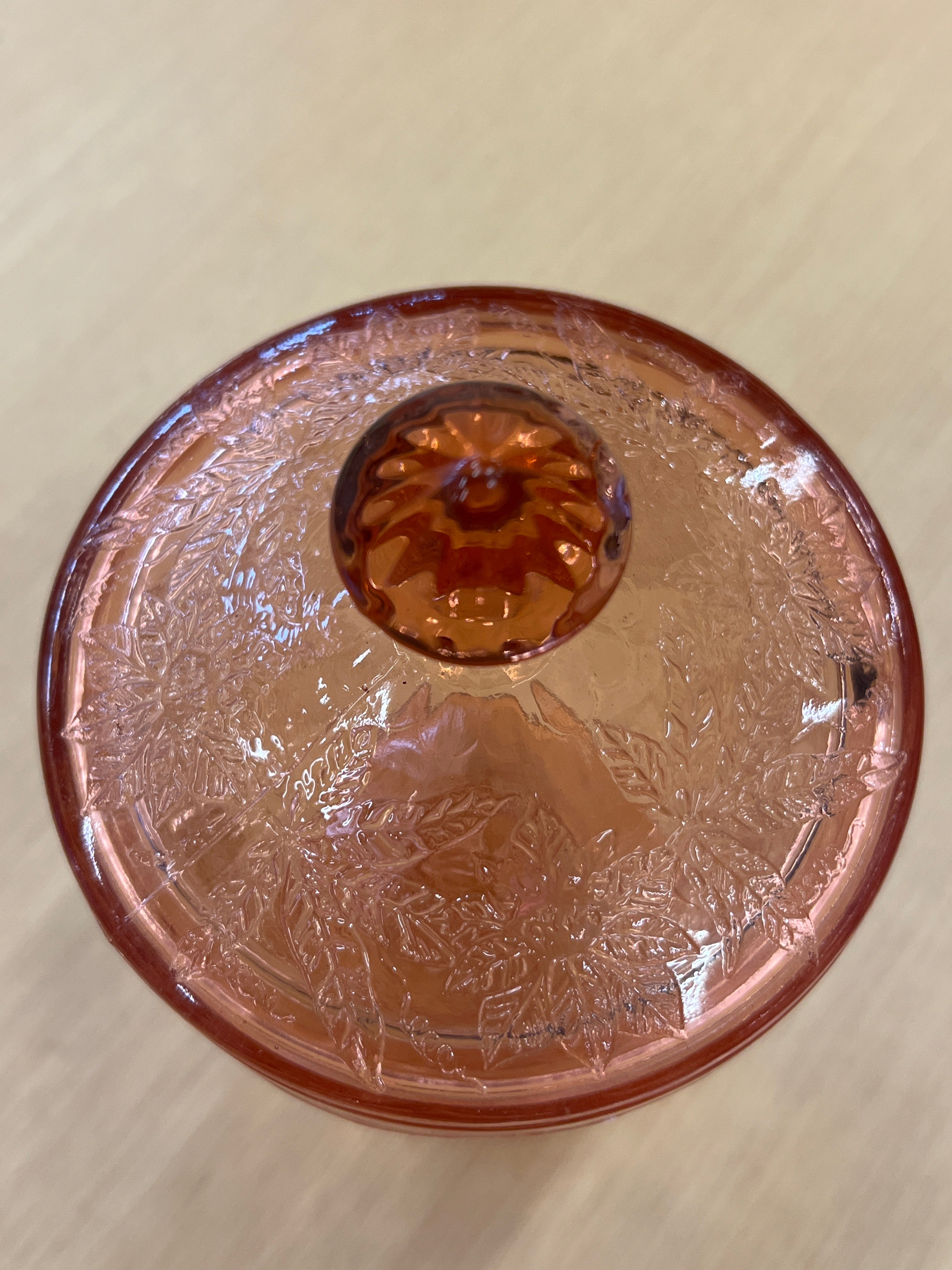 レディバード・ジョンソンワイルド・フラワーセンター ヴィンテージ ステンドグラス RARE Jeanette Depression glass pink floral poinsettia candy jar