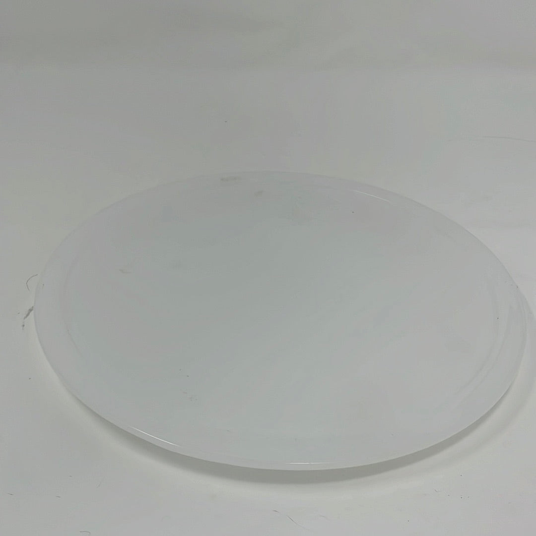 Vintage Stainless Steel Food Cloche: White Base that looks like a large dinner plate on a white backdrop. From Spoons Kitchen Exchange.