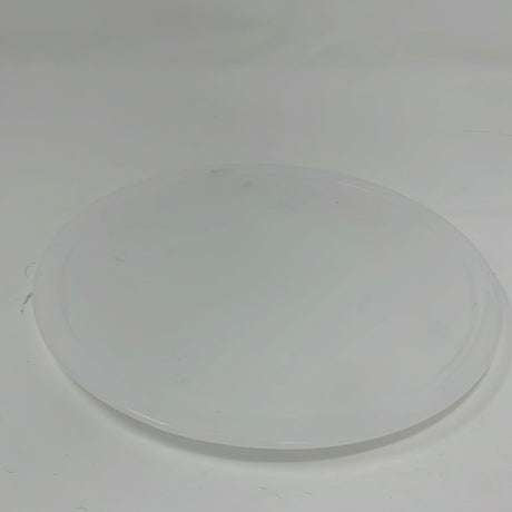 Vintage Stainless Steel Food Cloche: White Base that looks like a large dinner plate on a white backdrop. From Spoons Kitchen Exchange.