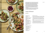 Boustany cookbook spread featuring Fridge-raid Fattoush, a vibrant salad with cucumbers, radishes, and toasted pita, with a detailed recipe on the right.