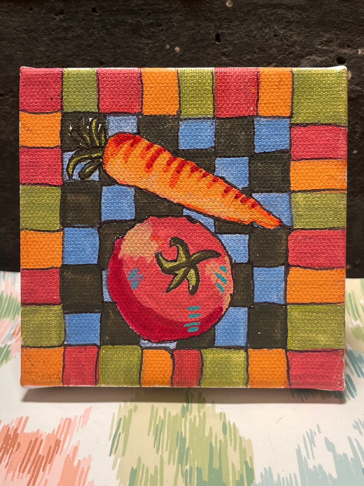 “Tomato and Carrot” (2026) - miniature acrylic painting on canvas - Vibrantly Earthy