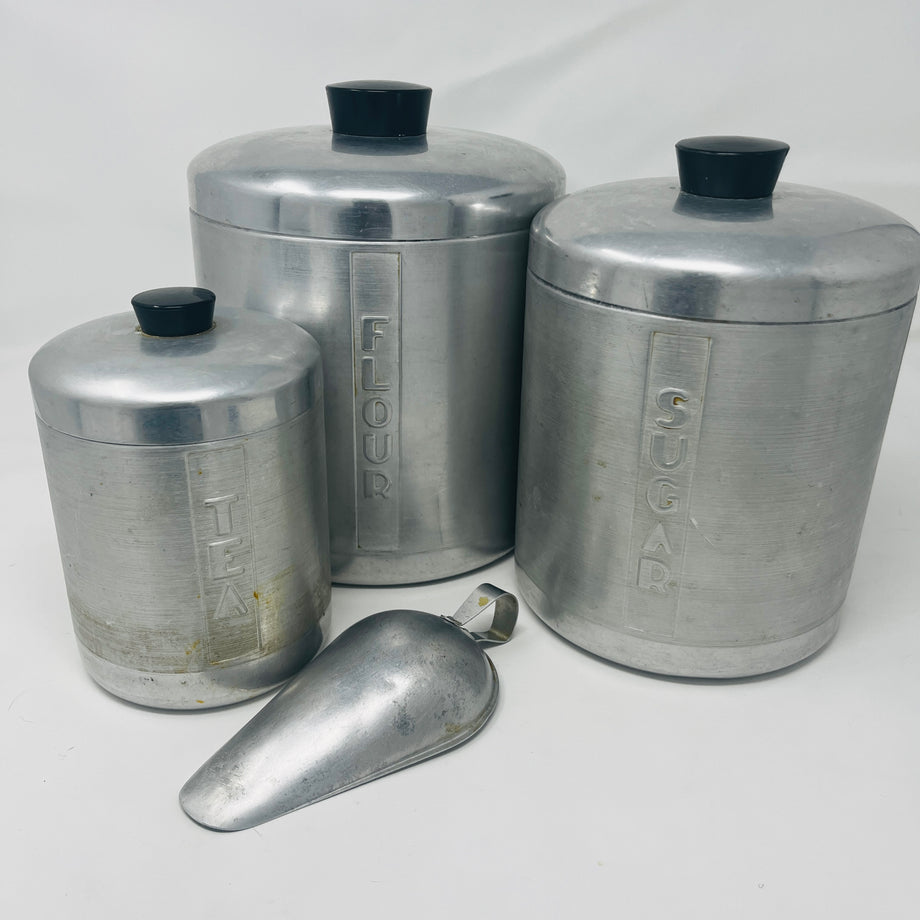 Vintage Tea Coffee Flour Sugar Tin top Canister Set