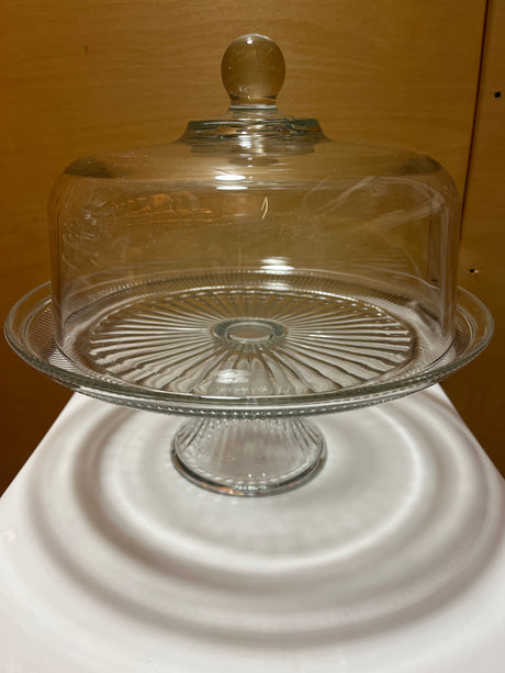 Anchor Hocking Annapolis glass 2-piece set functions as a domed cake stand and punch bowl, featuring sturdy, thick glass ideal for entertaining.