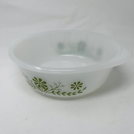 Glasbake casserole dish with green floral motif on white glass. From Spoons Kitchen Exchange. 