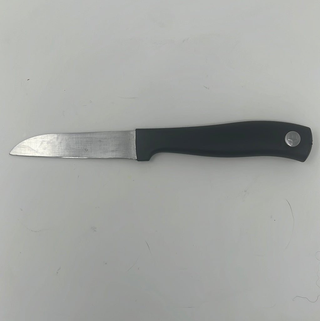 A close-up of a Basic paring knife with a black handle and silver blade, ideal for kitchen tasks and precision cutting.
