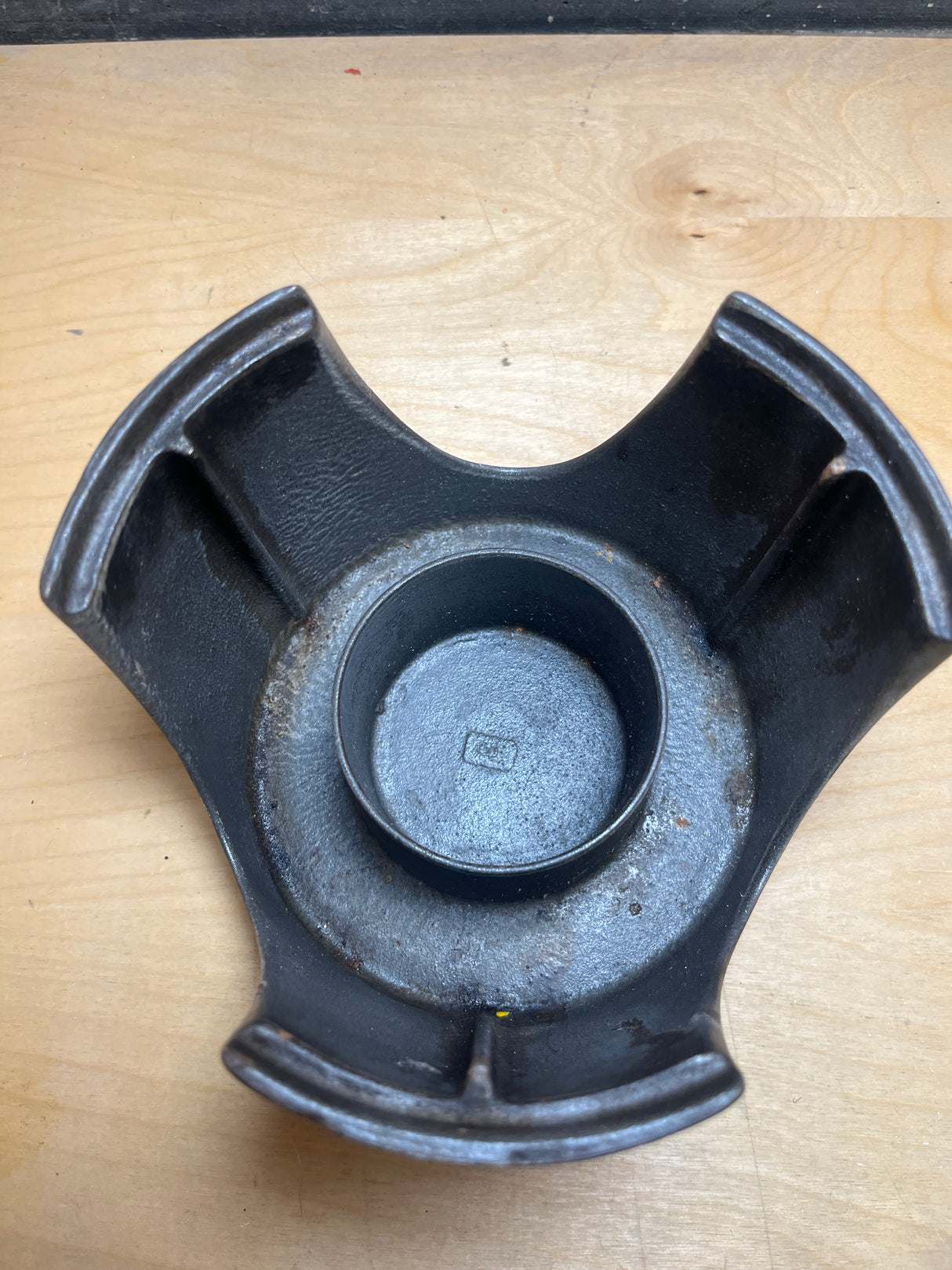 Vintage Michael Lax Copco fondue pot with cheerful yellow enamel; visible small chip on rim, missing burner cover. Ideal for gatherings, heats with Sterno fuel.