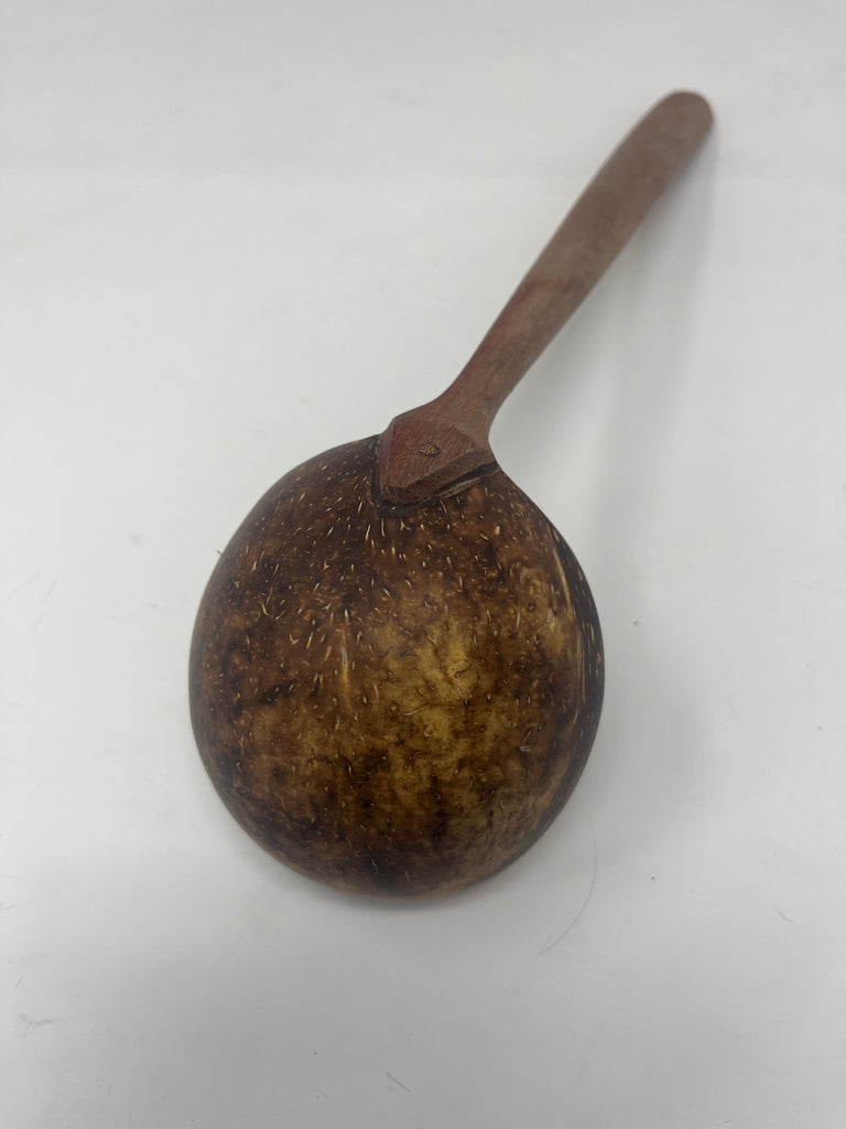 Coconut shell ladle with a smooth wooden handle, ideal for serving entrees, soups, and sauces. The natural coconut material adds warmth and elegance.