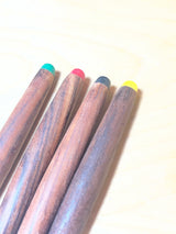 Fondue forks - stainless steel with teak handles and multicolor caps, featuring a close-up view of the wooden rods with distinct colored caps for easy identification.