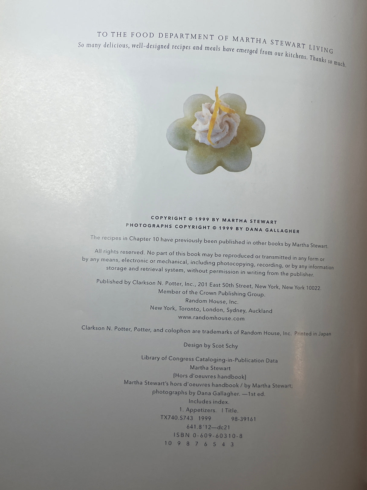 Dedication page from Martha Stewart's Hors d'Oeuvres Handbook featuring a flower-shaped hors d'oeuvre image, with copyright and publication details below.