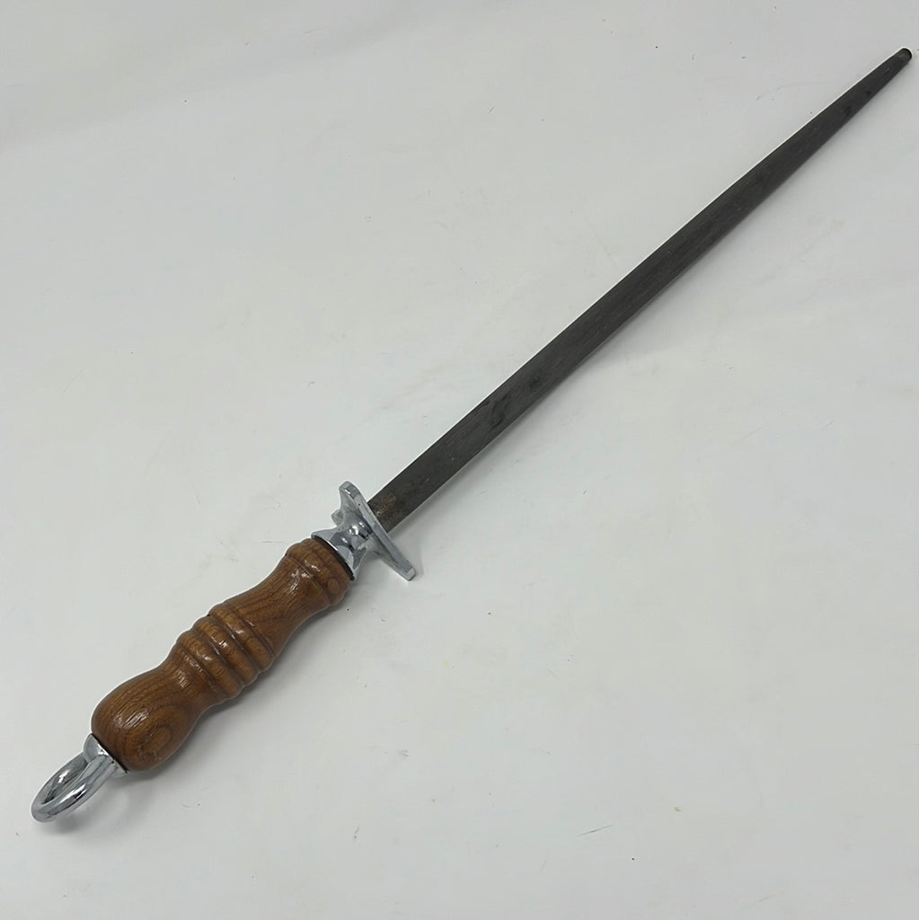 Dexter 1227-12 Butcher Carbon Steel Honing Rod with Hardwood Handle, a sharp knife with a wooden handle, sword blade, and metal ring. From Spoons Kitchen Exchange.