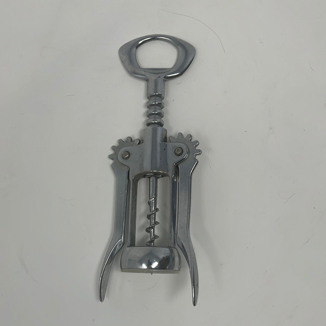 Wing corkscrew bottle opener, silver, displayed on a white surface; features two levers and a central screw for easy bottle opening.