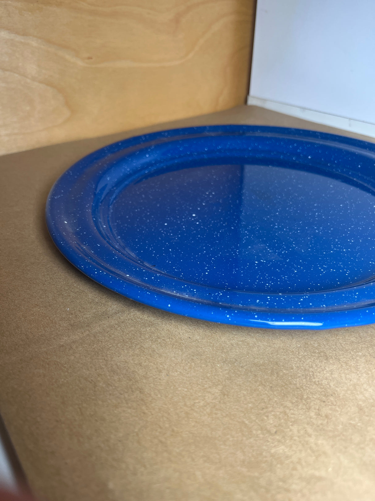 Blue speckled enamelware plate on wooden shelf, ideal for camping. Lightweight and durable, perfect for outdoor dining alongside the matching bowl.