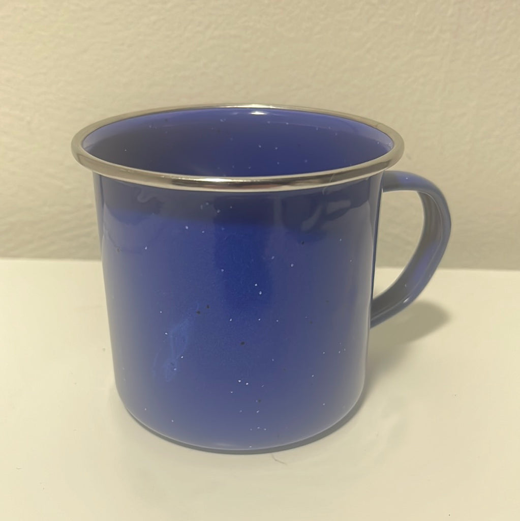 Blue enamel coffee mug with silver rim and handle. From Spoons Kitchen Exchange.