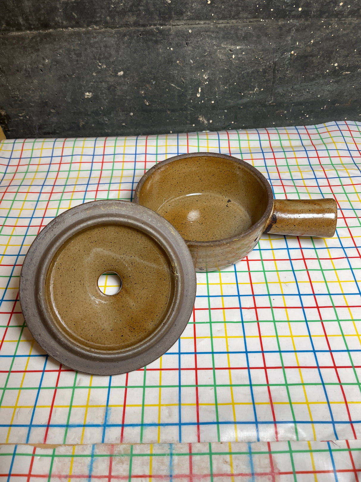 Vented soup bowl with lid and hollow handle - speckled brown stoneware ceramic - vintage