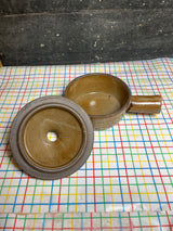 Vented soup bowl with lid and hollow handle - speckled brown stoneware ceramic - vintage