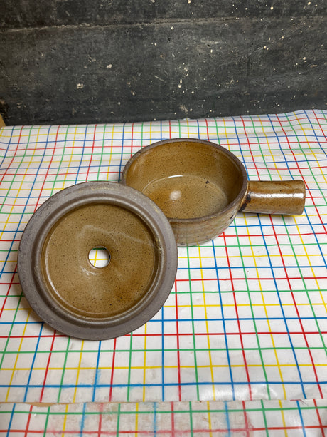 Vented soup bowl with lid and hollow handle - speckled brown stoneware ceramic - vintage