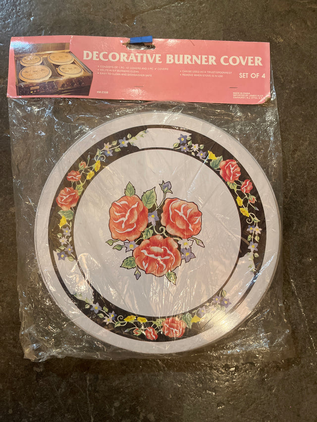 Rosy decorative burner cover set of 4, featuring round metal plates with a floral rose motif; includes one 10 and three 8 covers.