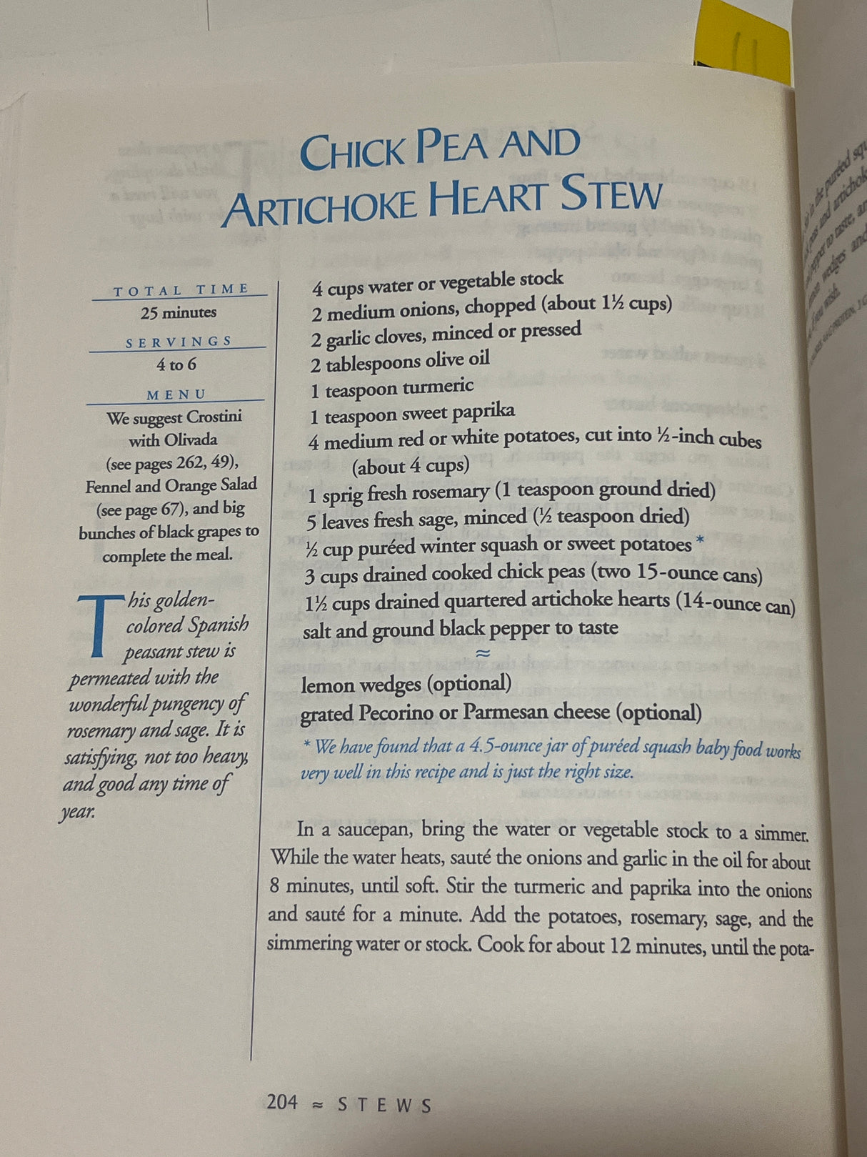 Cookbook page from Moosewood Restaurant Cooks at Home featuring a Chick Pea and Artichoke Heart Stew recipe with ingredients and cooking instructions on page 204.
