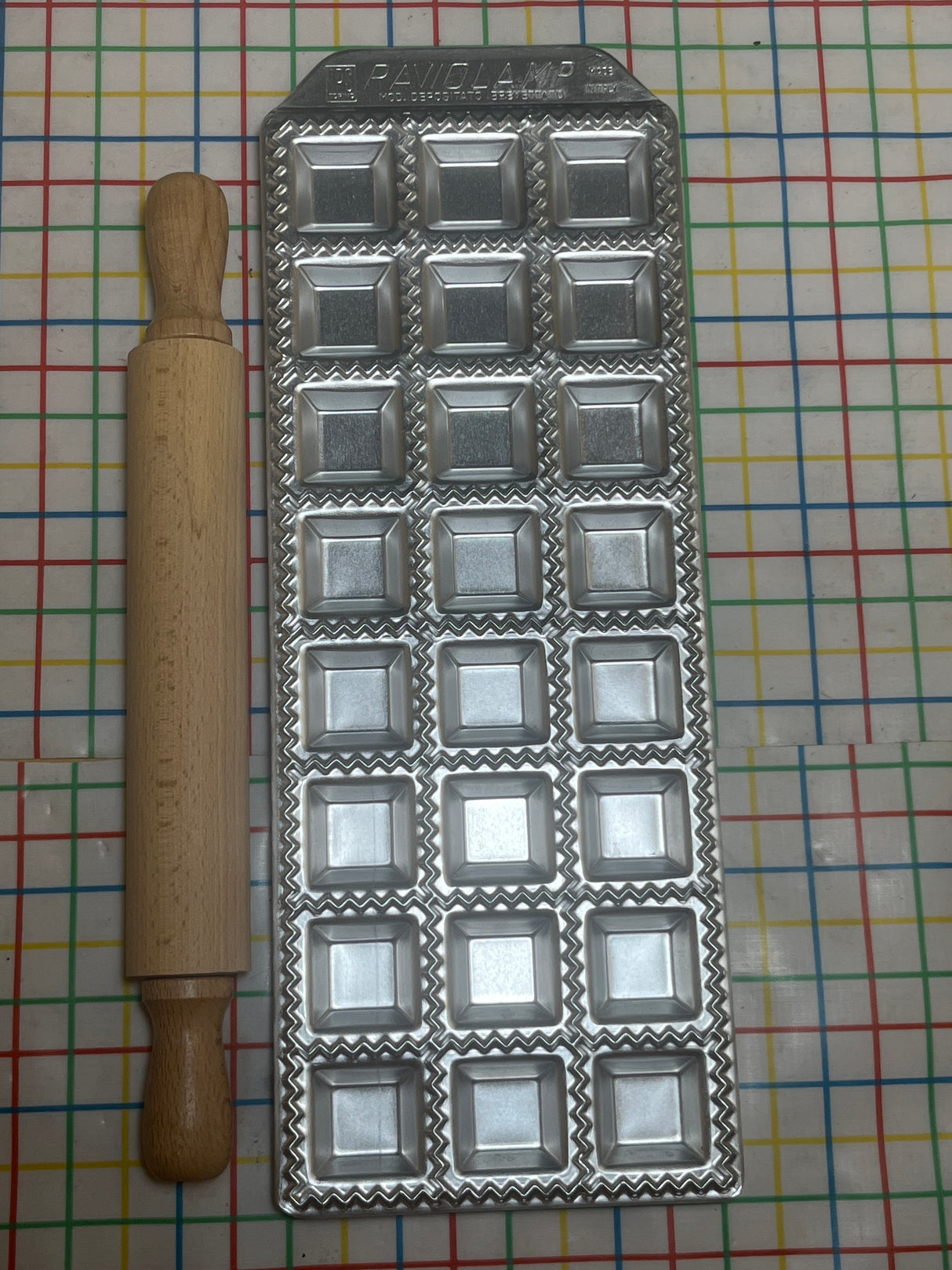 RARE Raviolamp 24 ravioli tray and rolling pin - aluminum and wood - Industria Prodotti Stampati