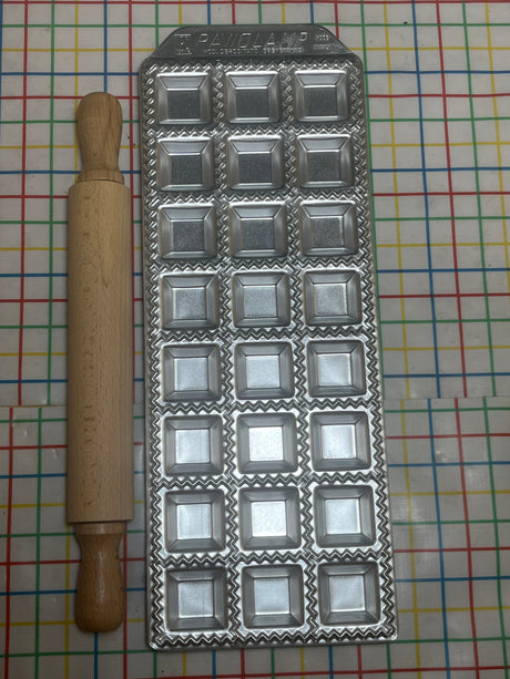 RARE Raviolamp 24 ravioli tray and rolling pin - aluminum and wood - Industria Prodotti Stampati