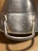 Close-up of the Louis Teller 3.5qt rotary food mill potato ricer, featuring a scratched metal bucket with flared sides and a U-shaped handle.