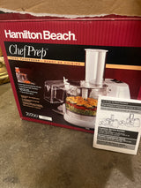 Hamilton Beach Chef Prep 70700 7-cup food processor box, highlighting features like 7-cup bowl, unlimited chute, dual speeds, pulse control, and top-mounted controls.
