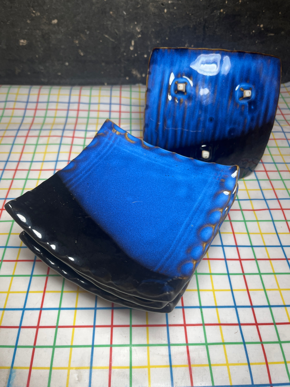 Set of 5 square tasting/appetizer plates - blue ceramic