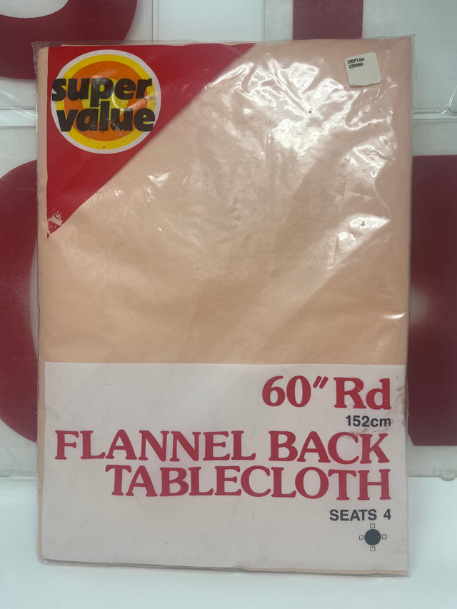 Super Value 60” Round Flannel-Back Tablecloth in original packaging, featuring a vinyl surface and flannel underside for stability and easy cleaning.