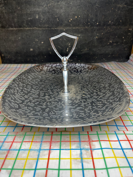 MCM serving platter with handle - brushed alumnium - vintage Kensington Moiré