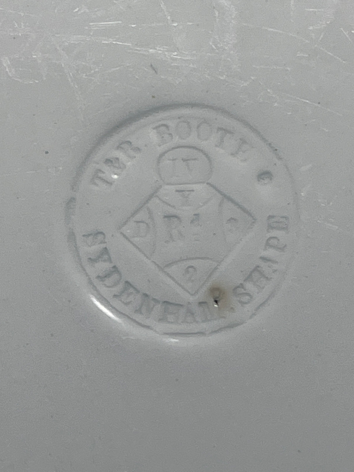 Close-up of the logo on the rare T&R Boote 16 Oval Serving Platter Sydenham, showcasing its intricate emblem and inscription, crafted in England in the late 1800s.